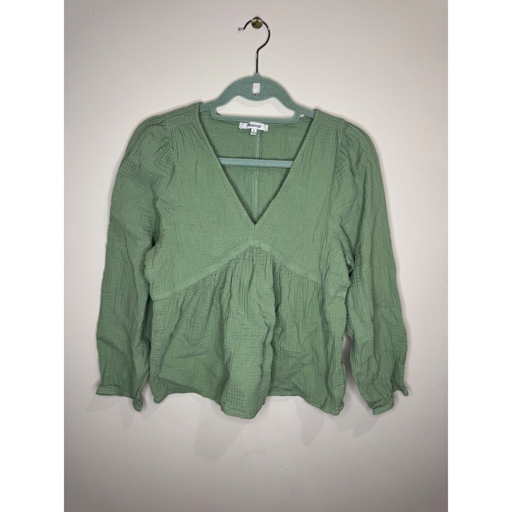 Madewell Women Sz Med Sage Green Peasant Boho Babydoll Top Cotton Gauze